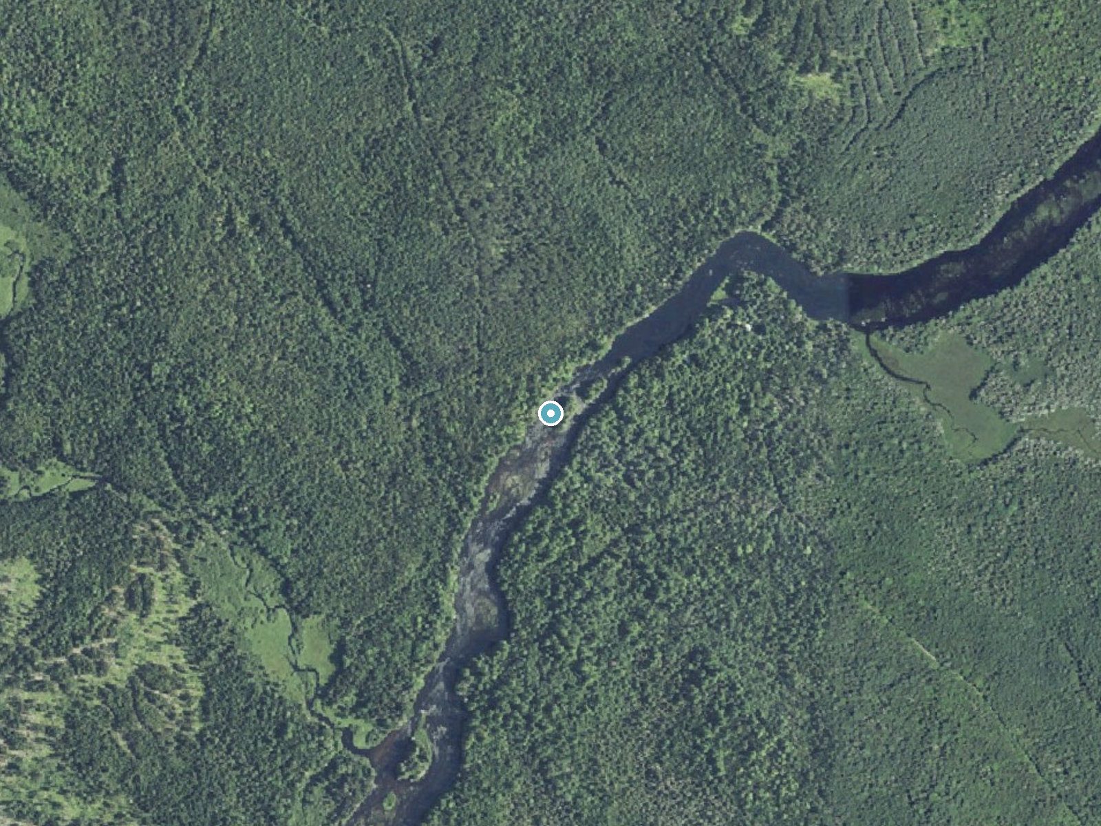 Aerial photo of the same ground around Dog Falls near Vanceboro, Maine, for comparison with the lidar view