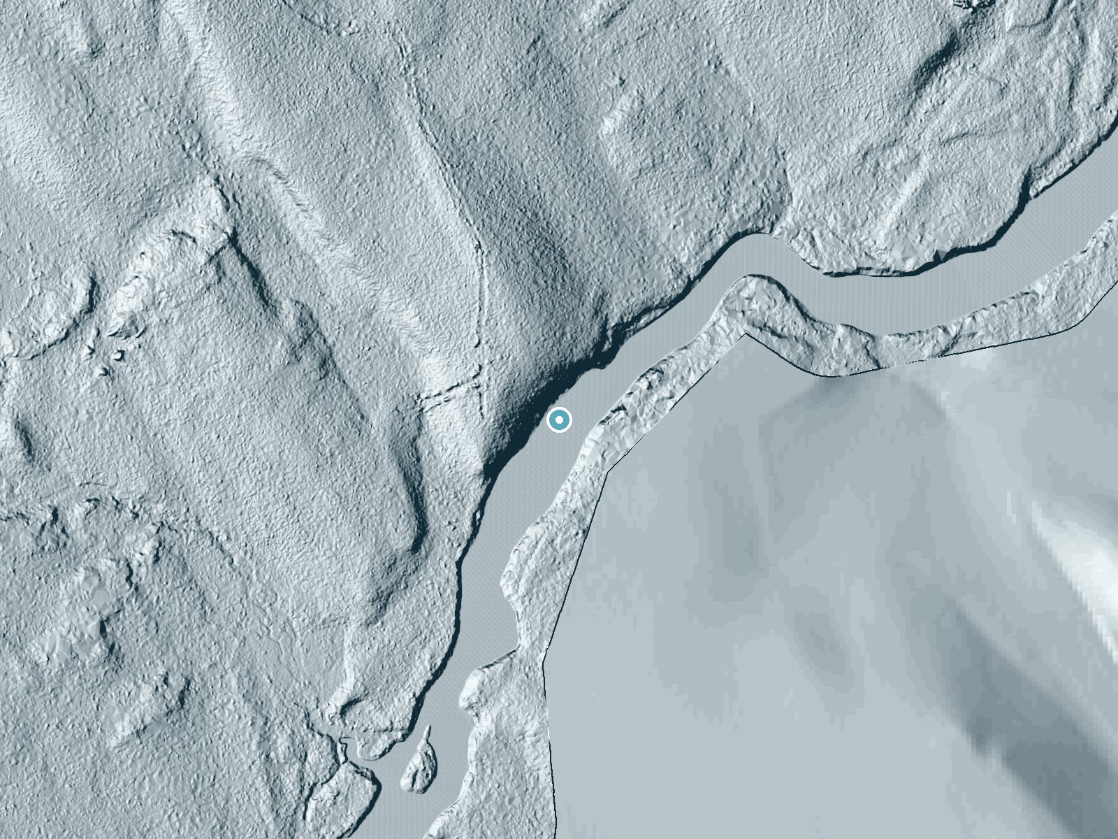 LiDAR bare-earth terrain around Dog Falls near Vanceboro, Maine, showing about 38 feet of drop, a long cascade, facing southeast