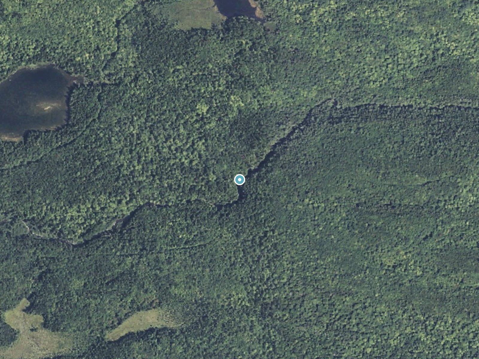 Aerial photo of the same ground around Little Wilson Falls near Brownville Junction, Maine, for comparison with the lidar view