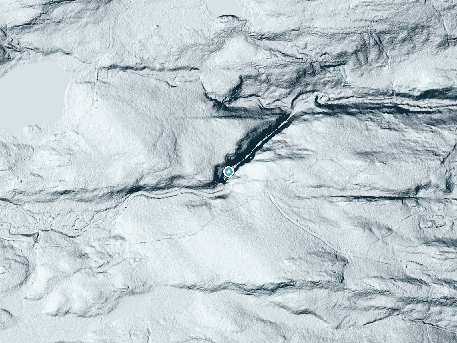 LiDAR bare-earth terrain around Little Wilson Falls near Brownville Junction, Maine, showing about 133 feet of drop, a steep tiered drop, facing east