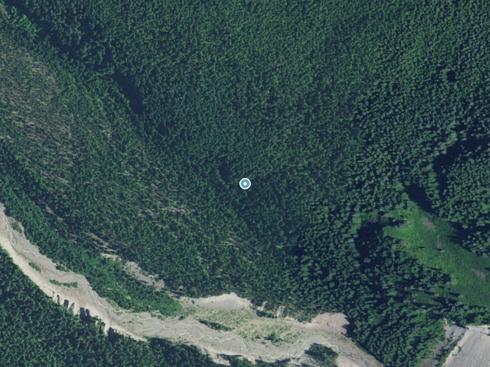 Aerial photo of the same ground around Ramona Falls near Government Camp, Oregon, for comparison with the lidar view