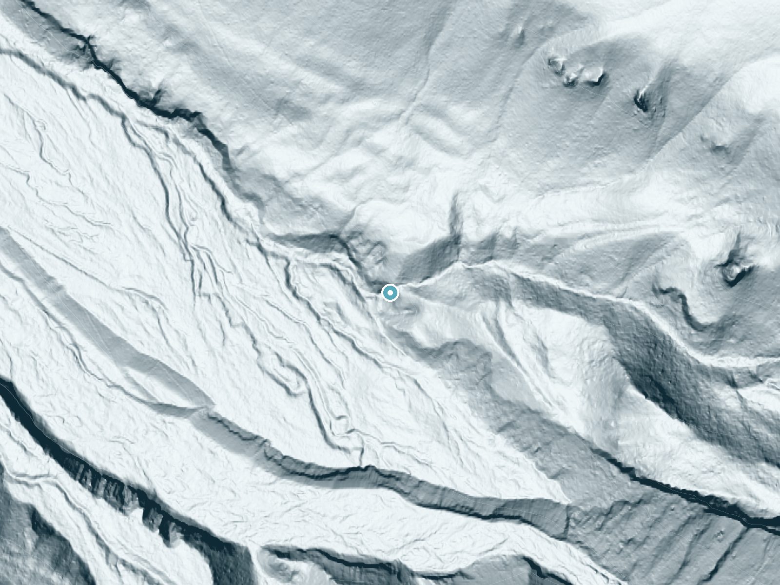 LiDAR bare-earth terrain around Ramona Falls near Government Camp, Oregon, showing about 249 feet of drop, a single sheer drop, facing southwest