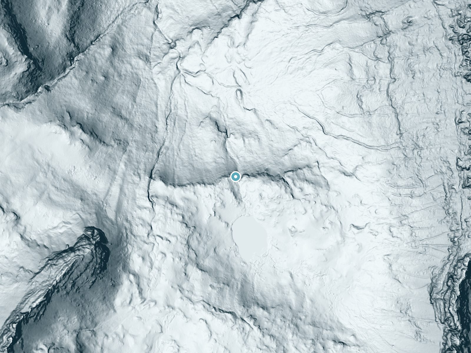 LiDAR bare-earth terrain around Alpine Falls near Emigrant, Montana, showing about 200 feet of drop, a steep tiered drop, facing north