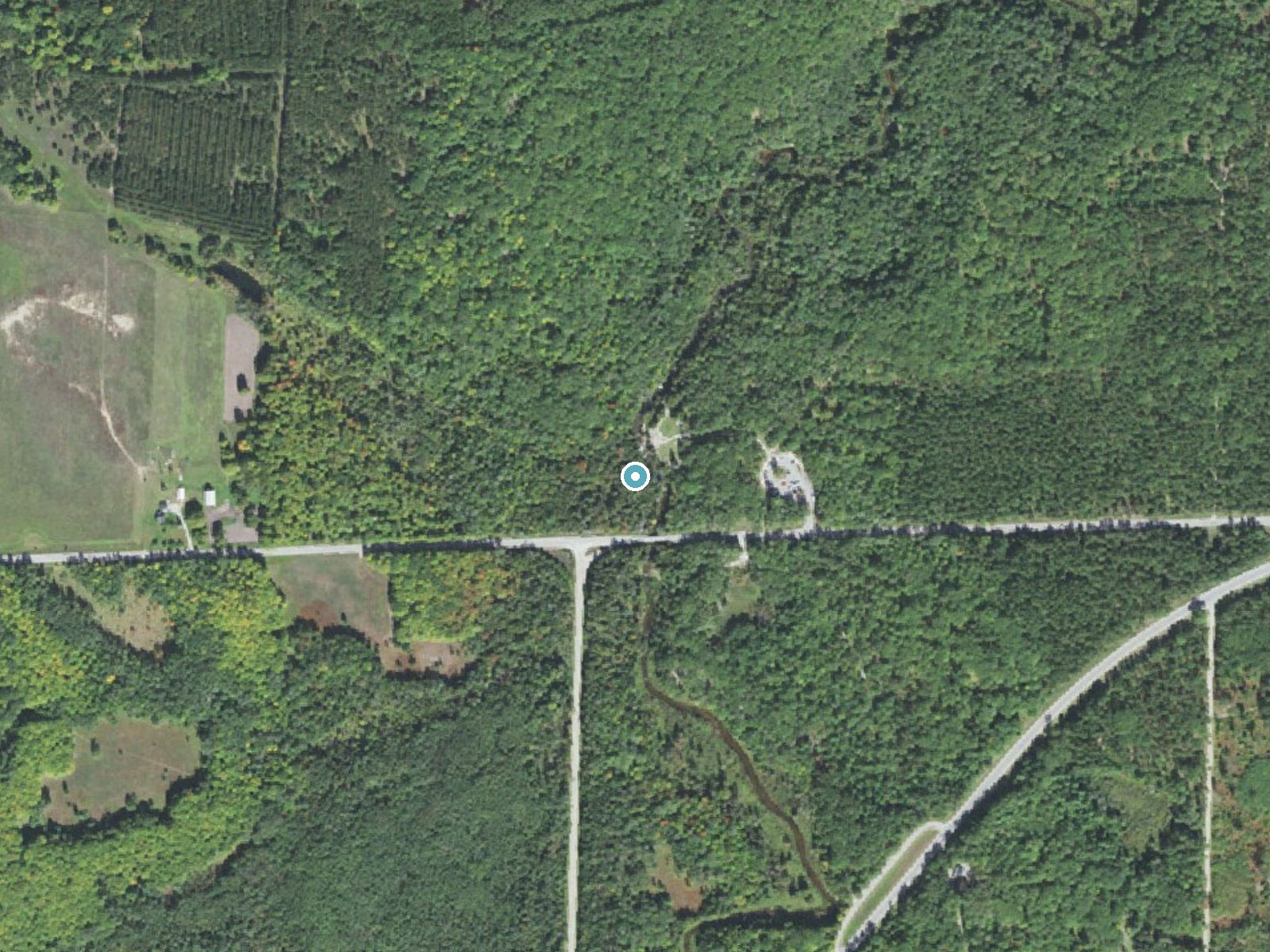 Aerial photo of the same ground around Ocqueoc Falls near Millersburg, Michigan, for comparison with the lidar view