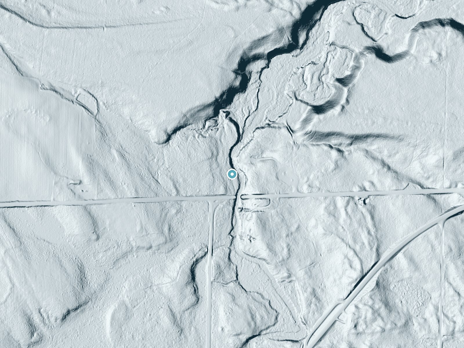 LiDAR bare-earth terrain around Ocqueoc Falls near Millersburg, Michigan, showing about 37 feet of drop, a long cascade, facing northeast