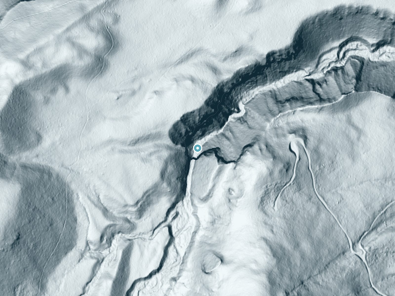 LiDAR bare-earth terrain around Tamanawas Falls near Parkdale, Oregon, showing about 317 feet of drop, a single sheer drop, facing northeast