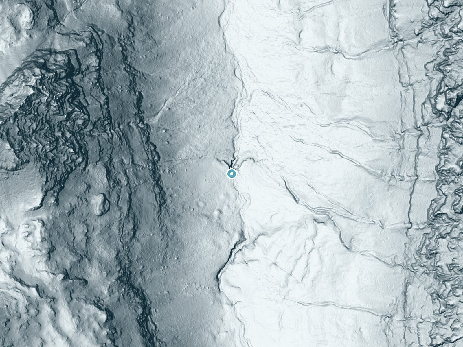 LiDAR bare-earth terrain around Champagne Falls near Emigrant, Montana, showing about 104 feet of drop, a steep tiered drop, facing north