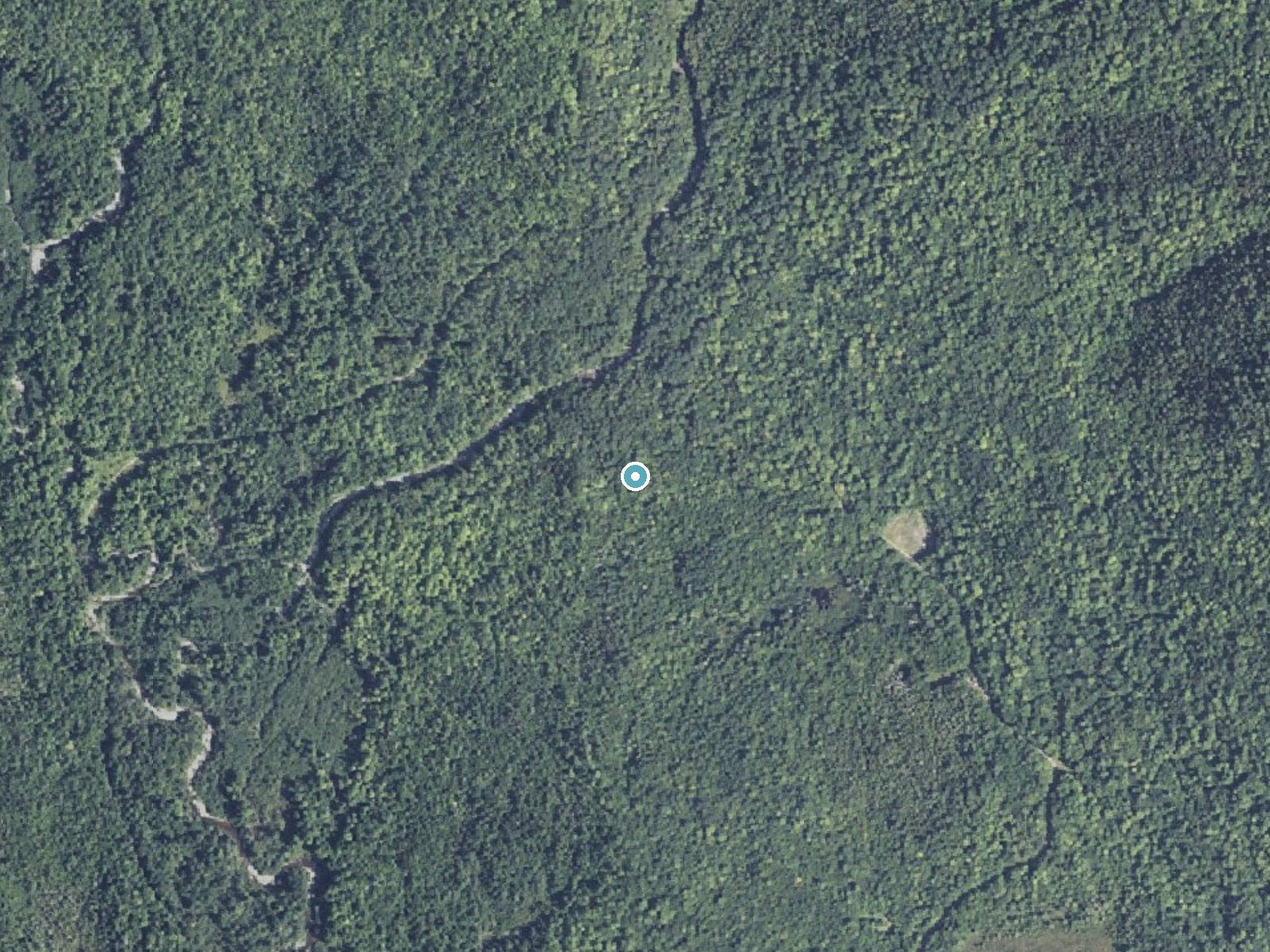 Aerial photo of the same ground around Slugundy Falls near Brownville Junction, Maine, for comparison with the lidar view