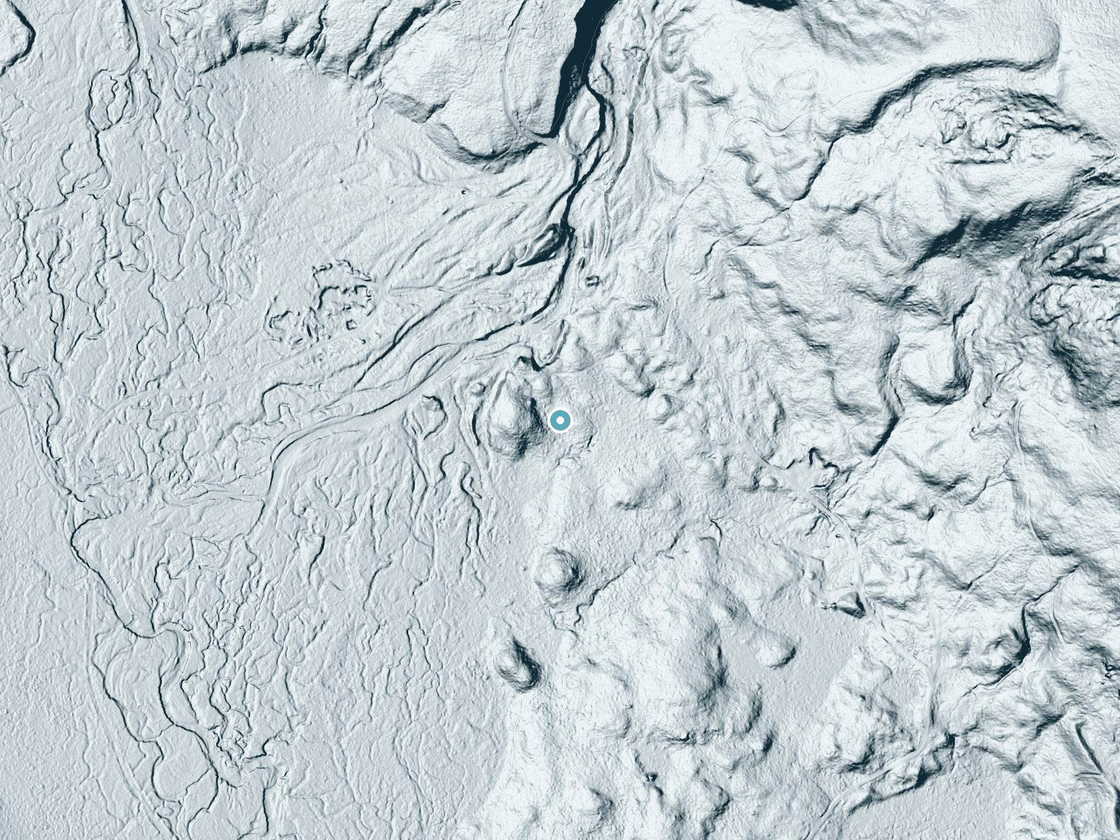 LiDAR bare-earth terrain around Slugundy Falls near Brownville Junction, Maine, showing about 36 feet of drop, a long cascade, facing south