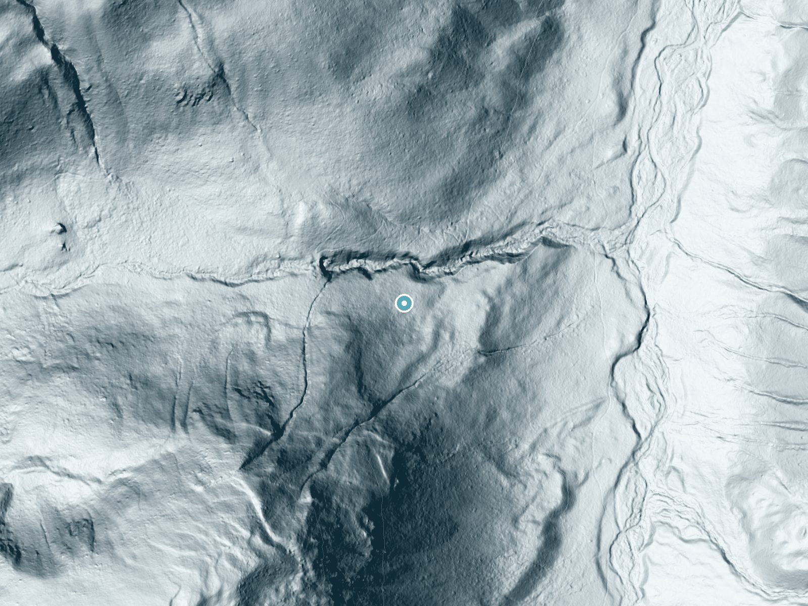 LiDAR bare-earth terrain around Pioneer Falls near Big Sky, Montana, showing about 204 feet of drop, a steep tiered drop, facing northeast