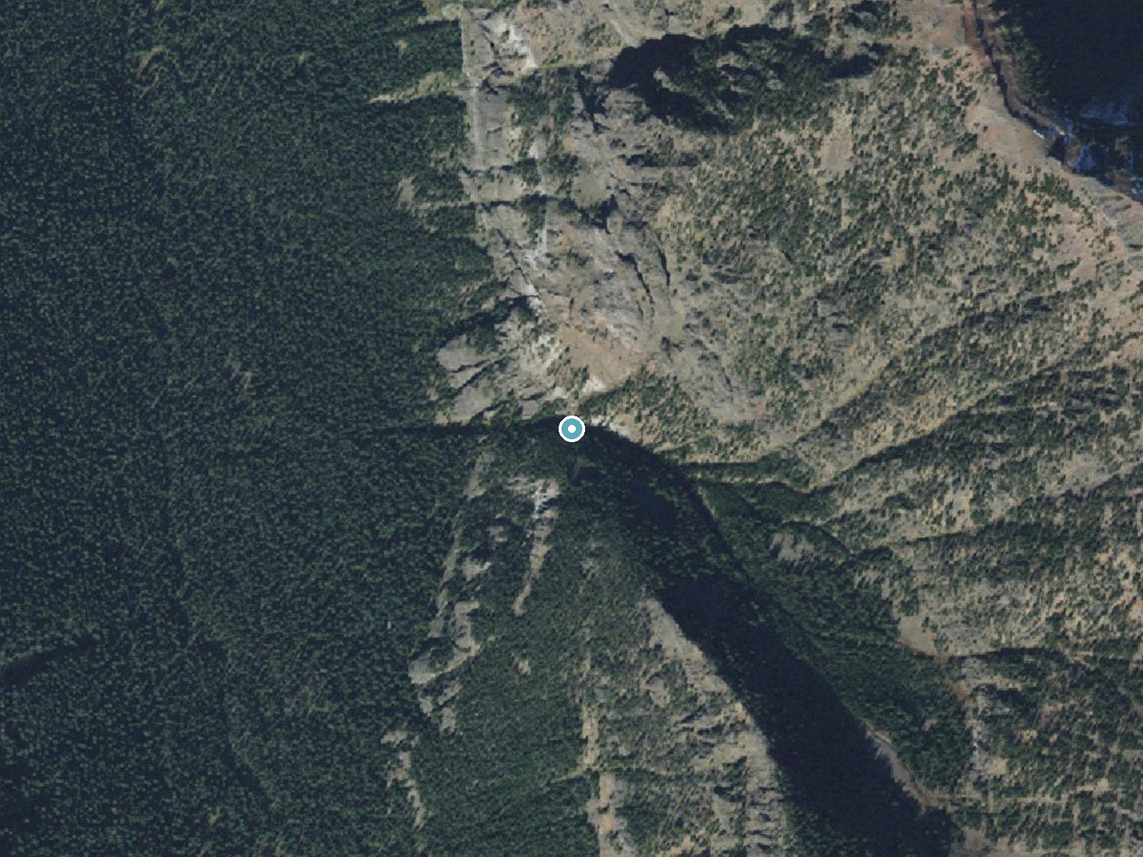 Aerial photo of the same ground around Silken Skein Falls near Emigrant, Montana, for comparison with the lidar view