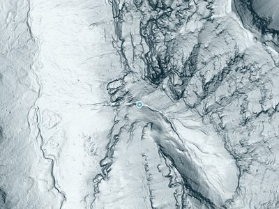 LiDAR terrain view around Silken Skein Falls in Montana, about 286 feet of drop