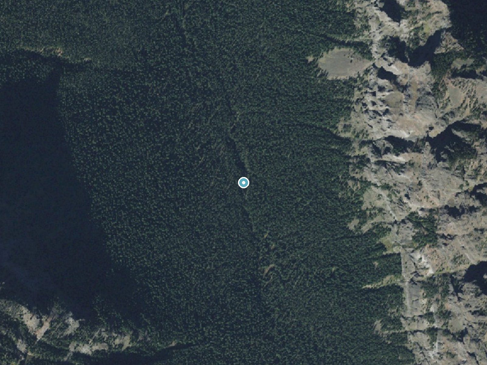 Aerial photo of the same ground around Arch Falls near Emigrant, Montana, for comparison with the lidar view