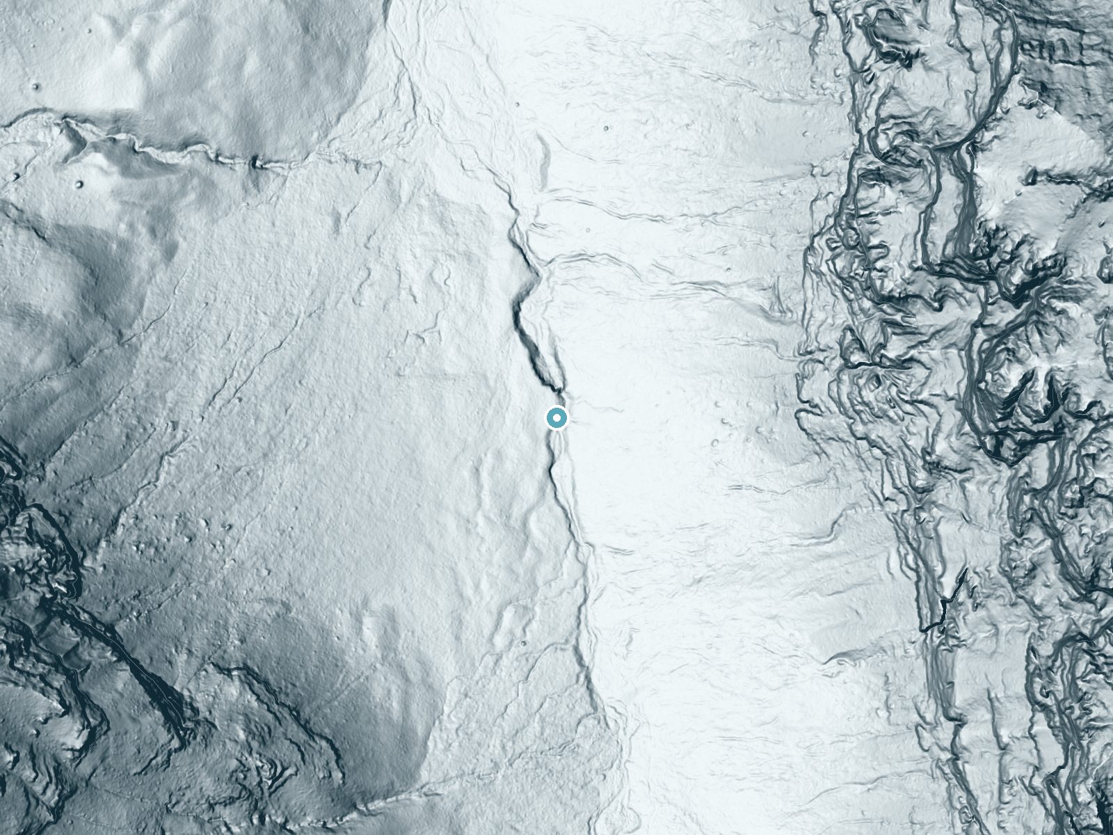 LiDAR bare-earth terrain around Arch Falls near Emigrant, Montana, showing about 90 feet of drop, a long cascade, facing northwest