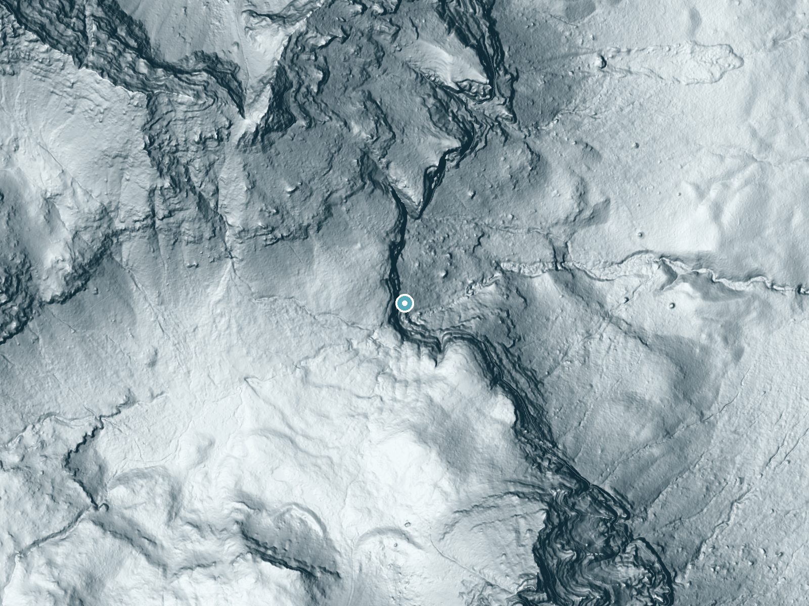 LiDAR bare-earth terrain around Twin Falls near Emigrant, Montana, showing about 439 feet of drop, a single sheer drop, facing east