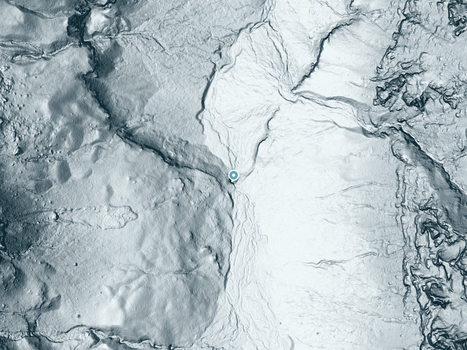LiDAR bare-earth terrain around Grotto Falls near Emigrant, Montana, showing about 116 feet of drop, a steep tiered drop, facing north