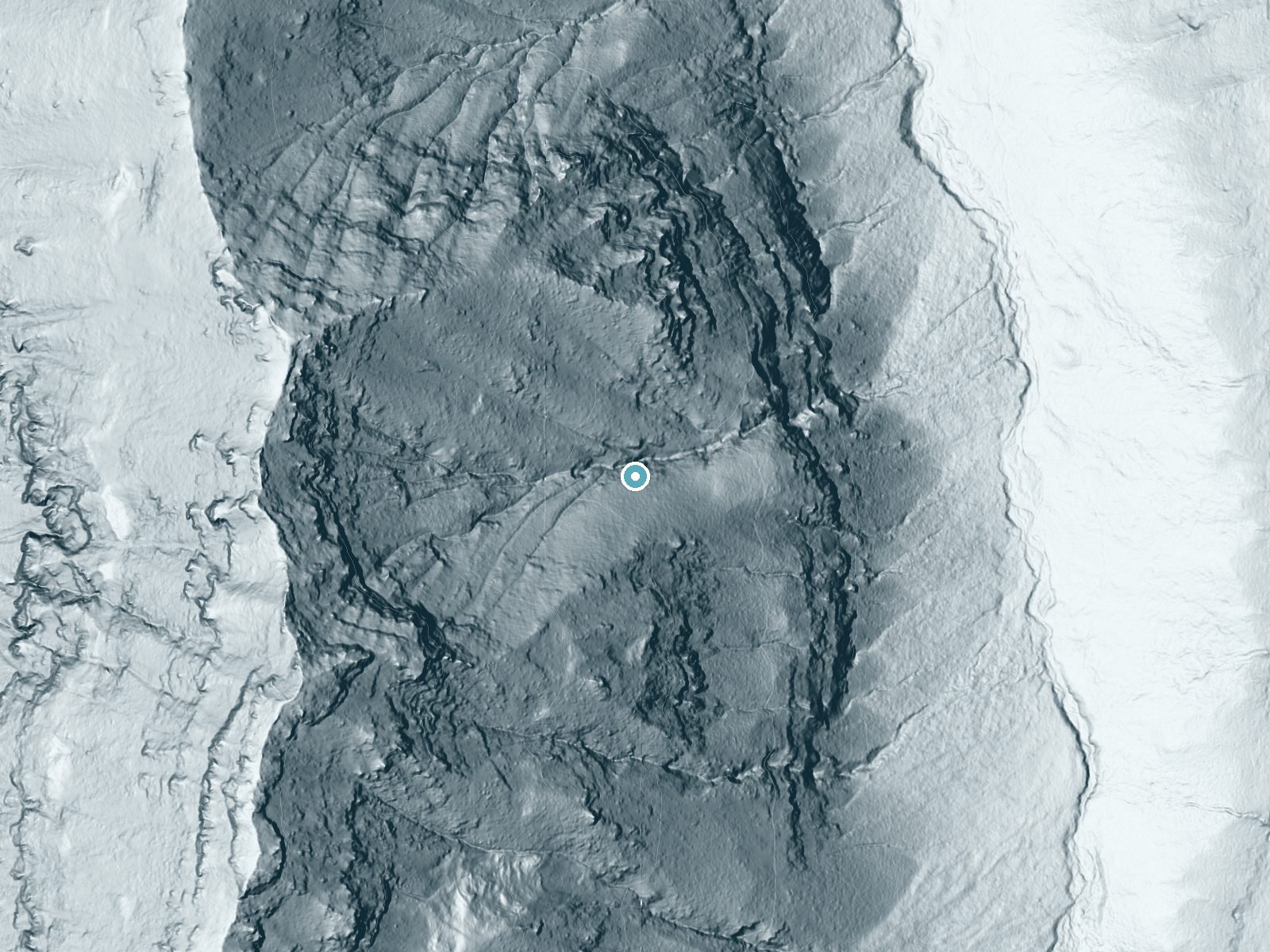 LiDAR bare-earth terrain around Horsetail Falls near Emigrant, Montana, showing about 333 feet of drop, a steep tiered drop, facing northeast