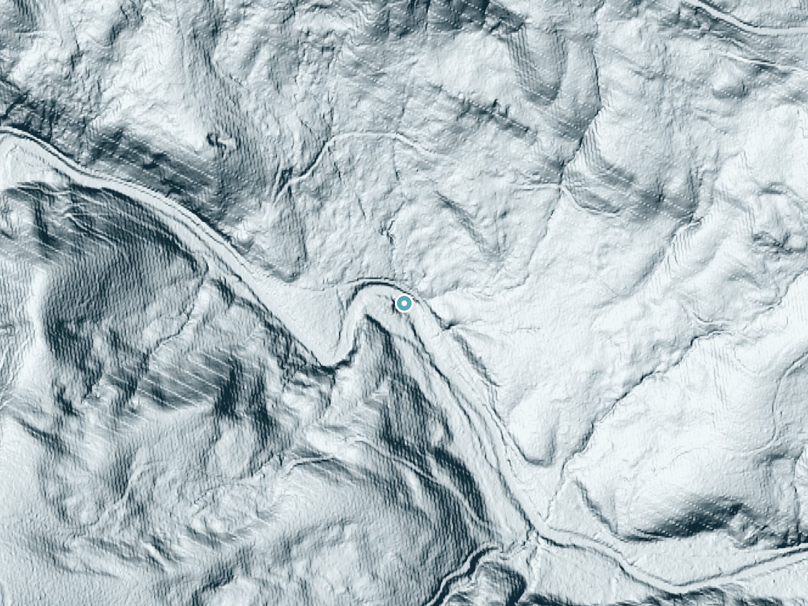 LiDAR bare-earth terrain around Lee Falls near Cherry Grove, Oregon, showing about 61 feet of drop, a long cascade, facing south