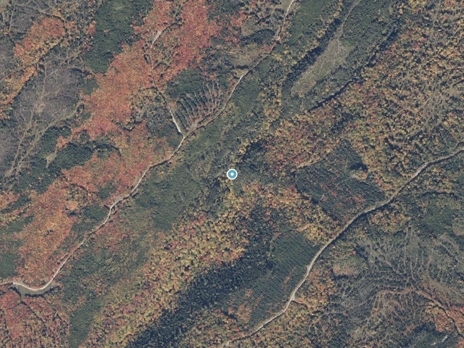 Aerial photo of the same ground around Cold Stream Falls near Kingfield, Maine, for comparison with the lidar view