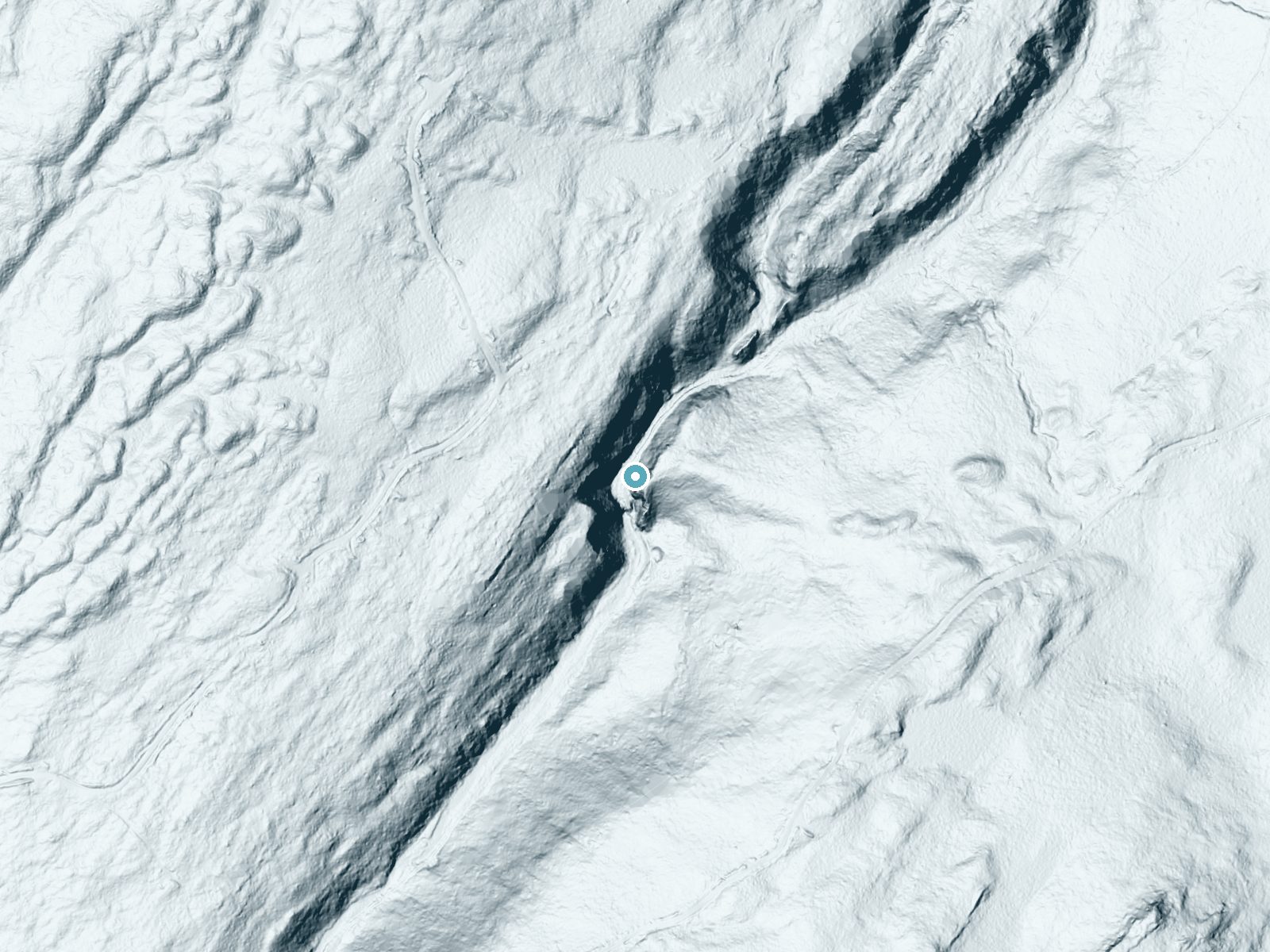 LiDAR bare-earth terrain around Cold Stream Falls near Kingfield, Maine, showing about 198 feet of drop, a steep tiered drop, facing southeast