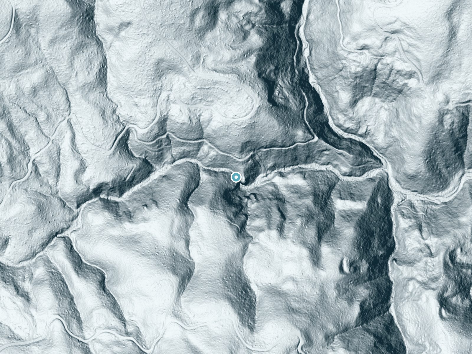 LiDAR bare-earth terrain around Ki-a-Kuts Falls near Cherry Grove, Oregon, showing about 223 feet of drop, a steep tiered drop, facing east
