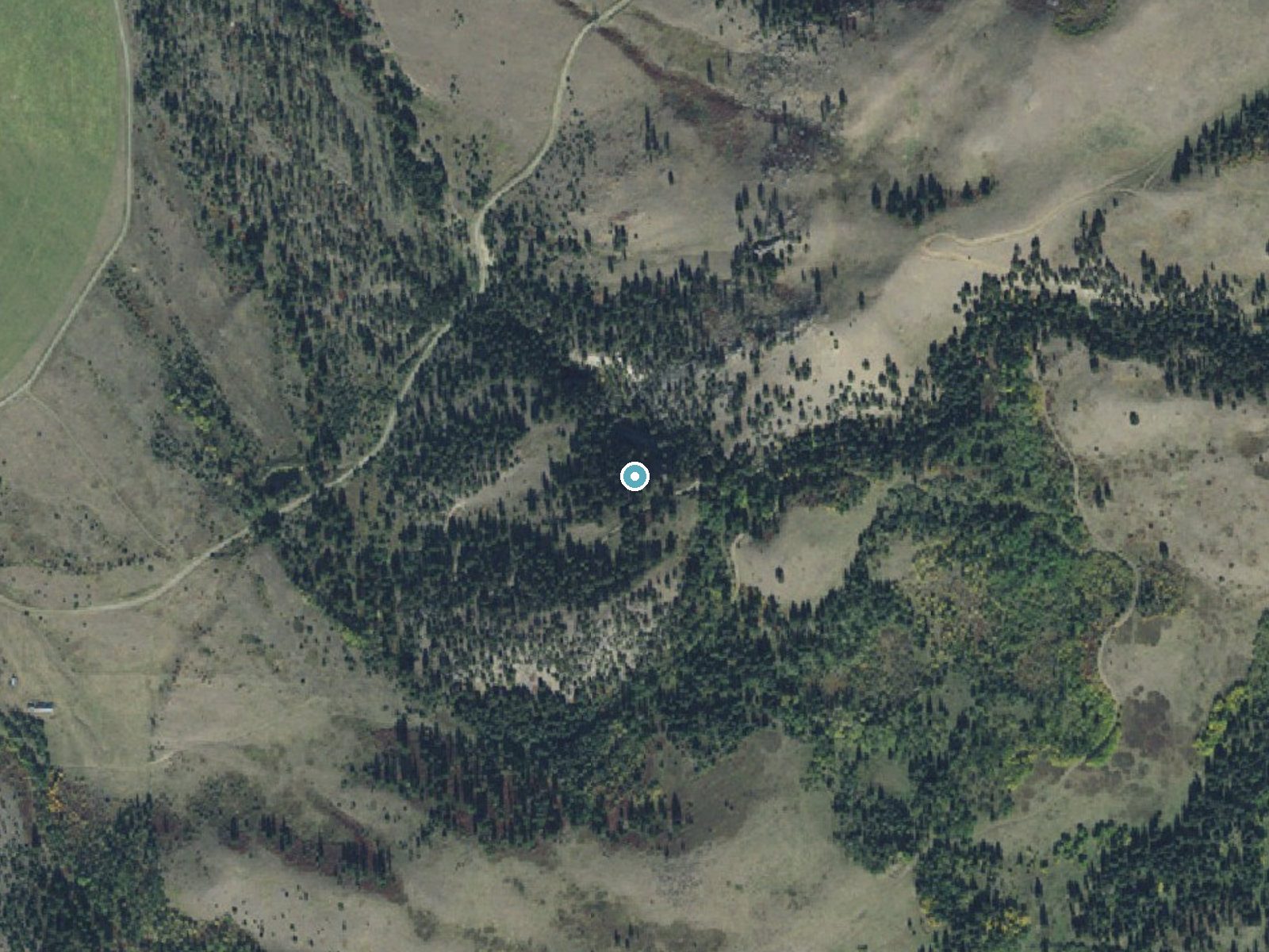 Aerial photo of the same ground around Cascade Falls near Pine Creek, Montana, for comparison with the lidar view
