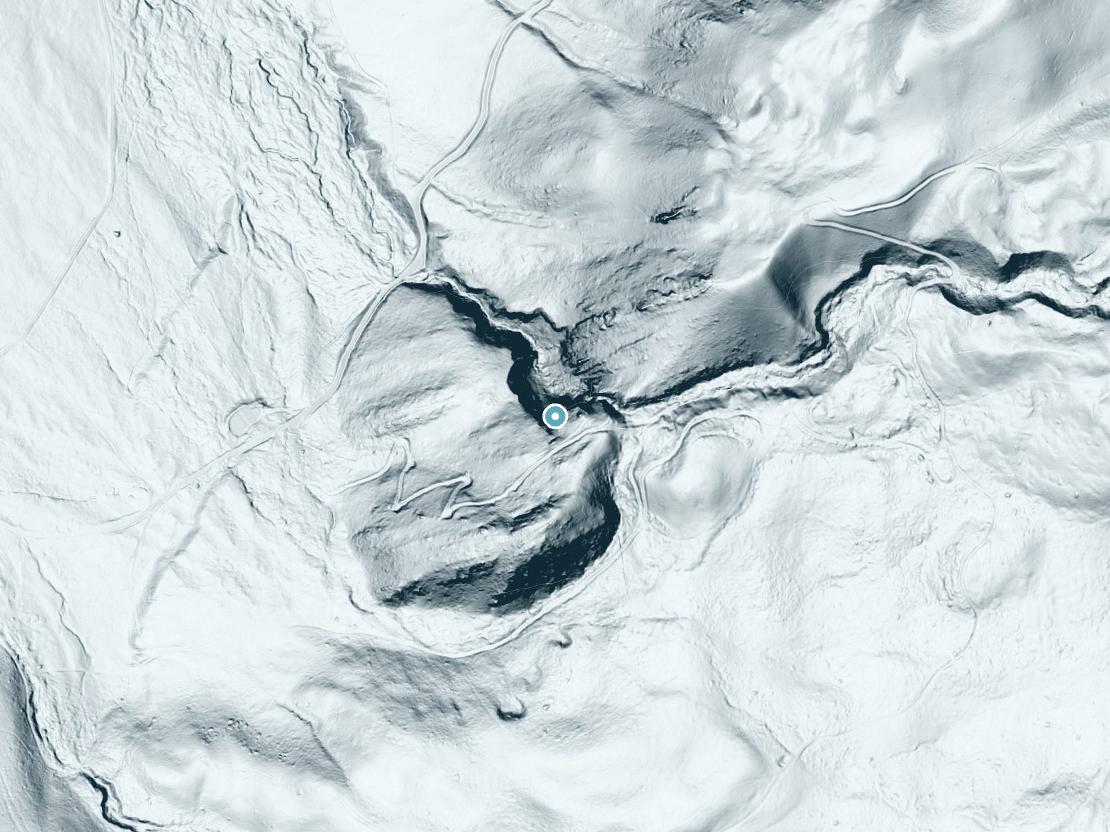 LiDAR bare-earth terrain around Cascade Falls near Pine Creek, Montana, showing about 331 feet of drop, a steep tiered drop, facing northwest