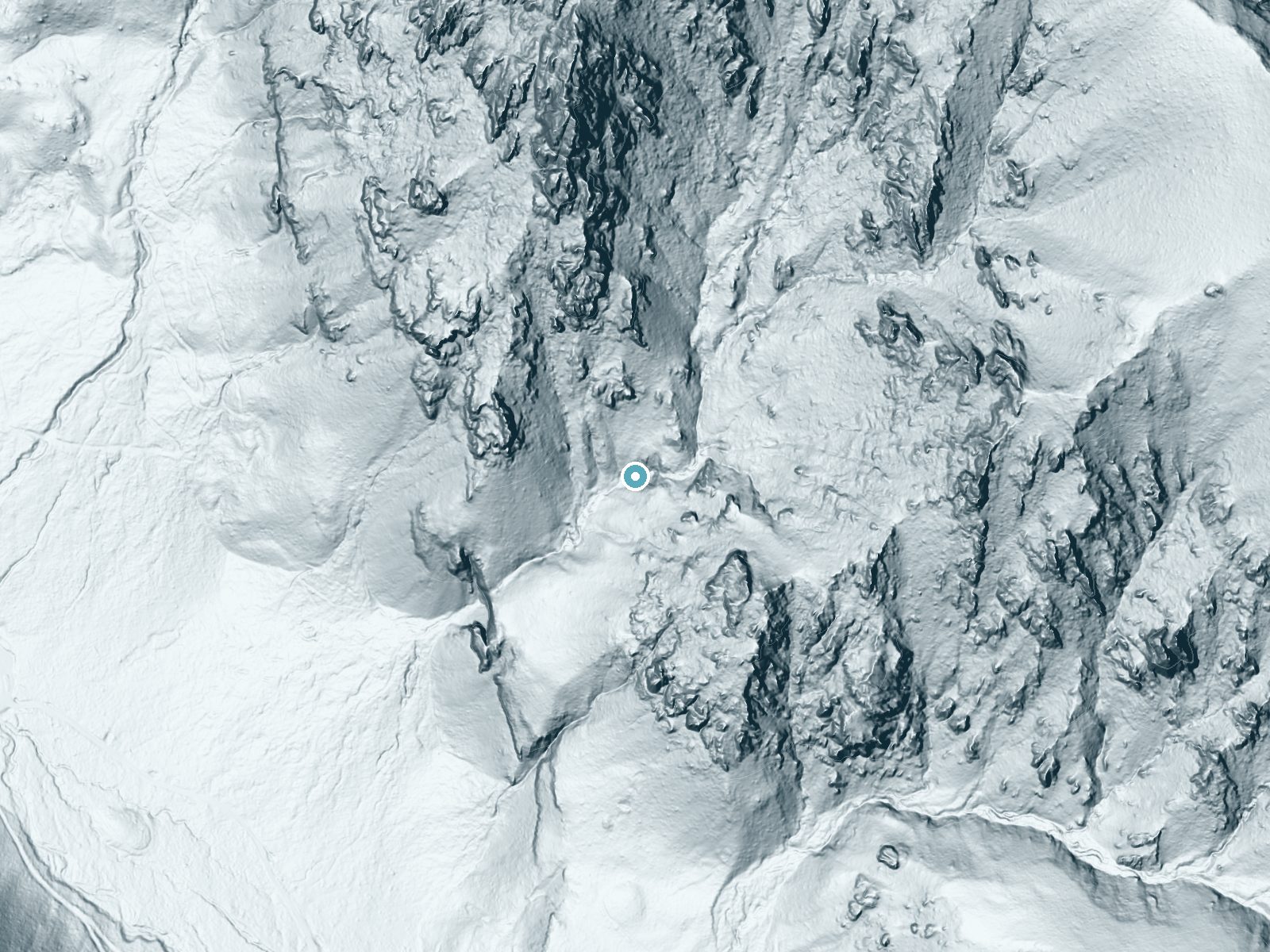 LiDAR bare-earth terrain around Palisades Falls near Emigrant, Montana, showing about 184 feet of drop, a steep tiered drop, facing southwest
