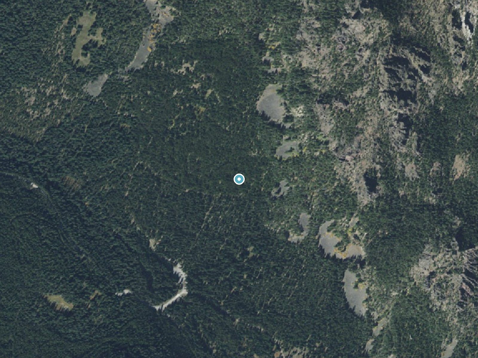 Aerial photo of the same ground around Palisade Falls near Emigrant, Montana, for comparison with the lidar view