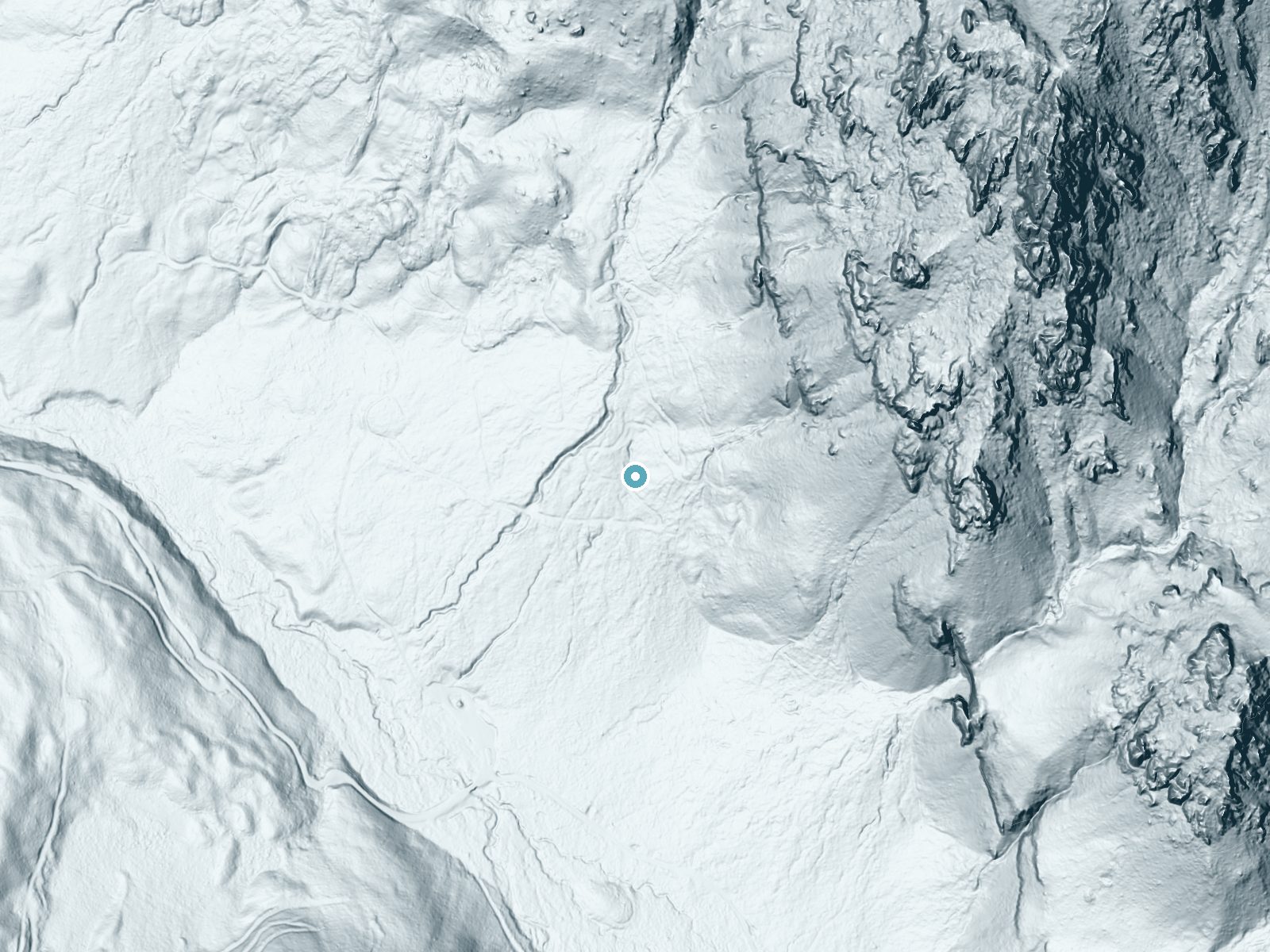 LiDAR bare-earth terrain around Palisade Falls near Emigrant, Montana, showing about 102 feet of drop, a long cascade, facing southwest