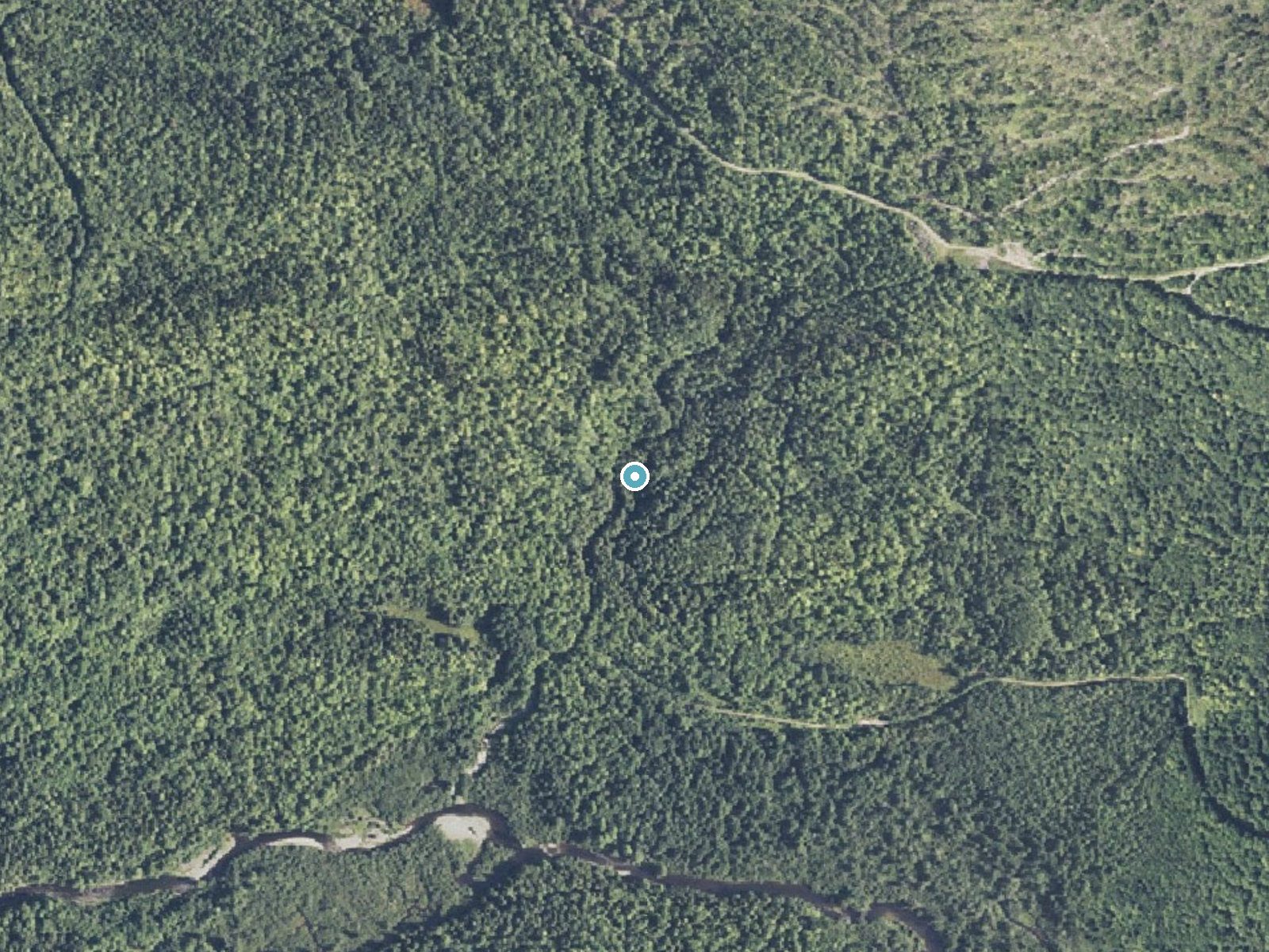 Aerial photo of the same ground around Hays Brook Falls near Brownville Junction, Maine, for comparison with the lidar view