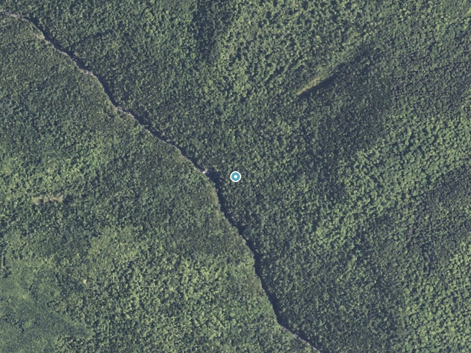 Aerial photo of the same ground around Buttermilk Falls near Brownville Junction, Maine, for comparison with the lidar view