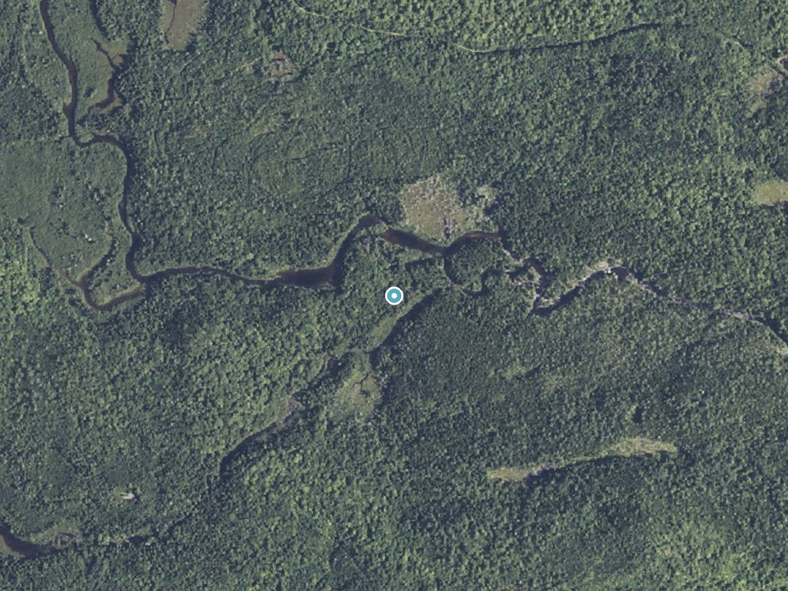 Aerial photo of the same ground around Stair Falls near Brownville Junction, Maine, for comparison with the lidar view