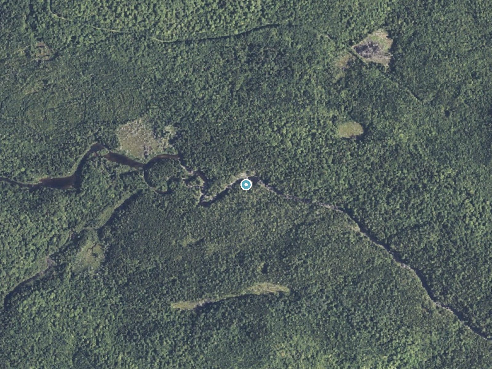 Aerial photo of the same ground around Billings Falls near Brownville Junction, Maine, for comparison with the lidar view