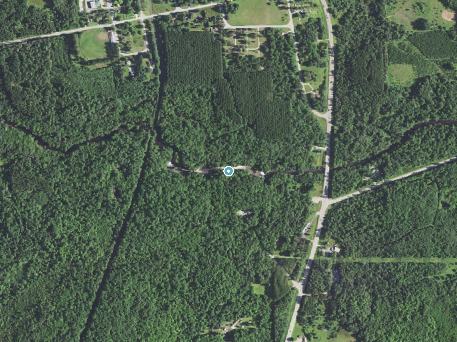 Aerial photo of the same ground around Daves Falls near Amberg, Wisconsin, for comparison with the lidar view