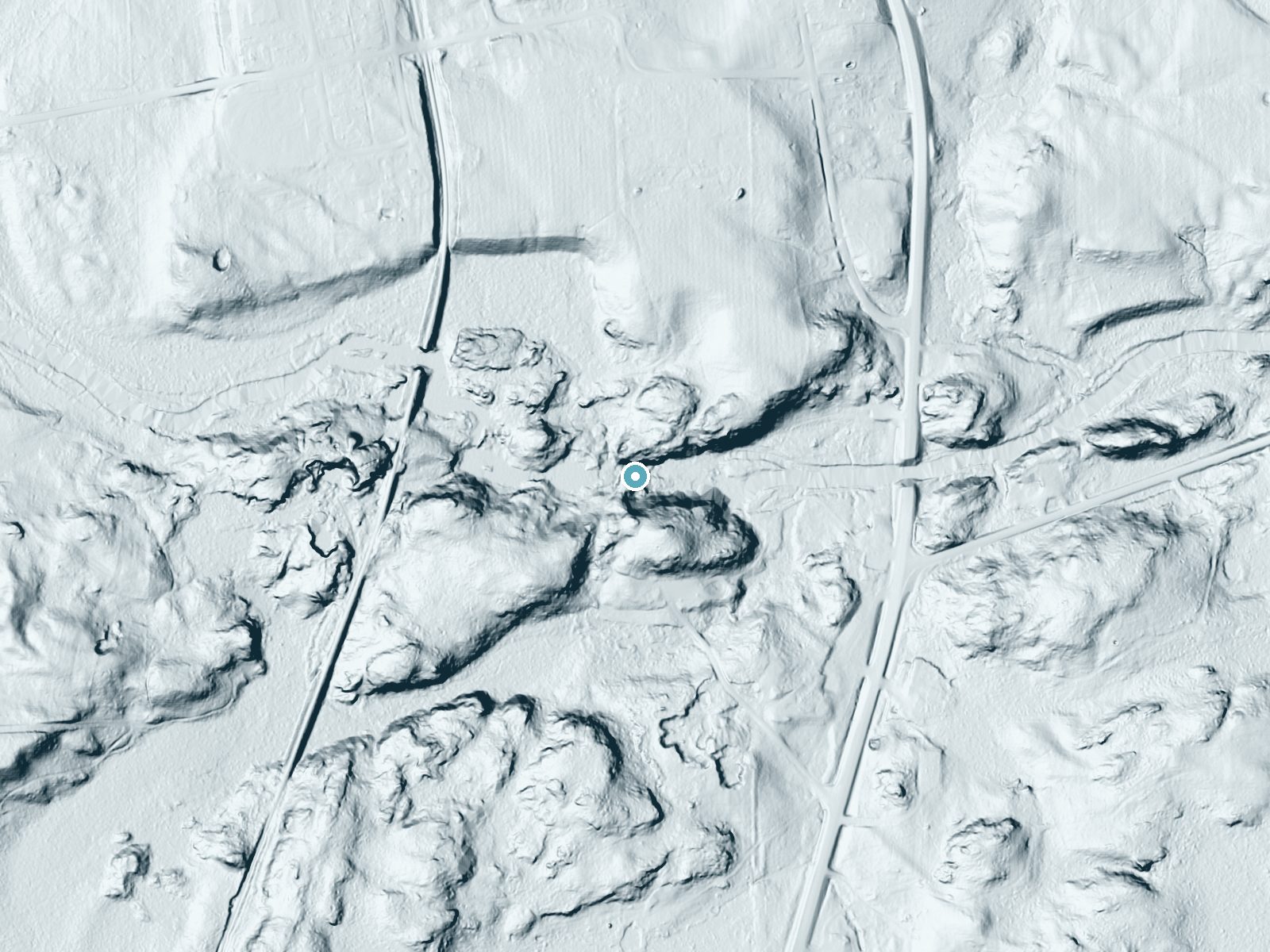 LiDAR bare-earth terrain around Daves Falls near Amberg, Wisconsin, showing about 82 feet of drop, a long cascade, facing north