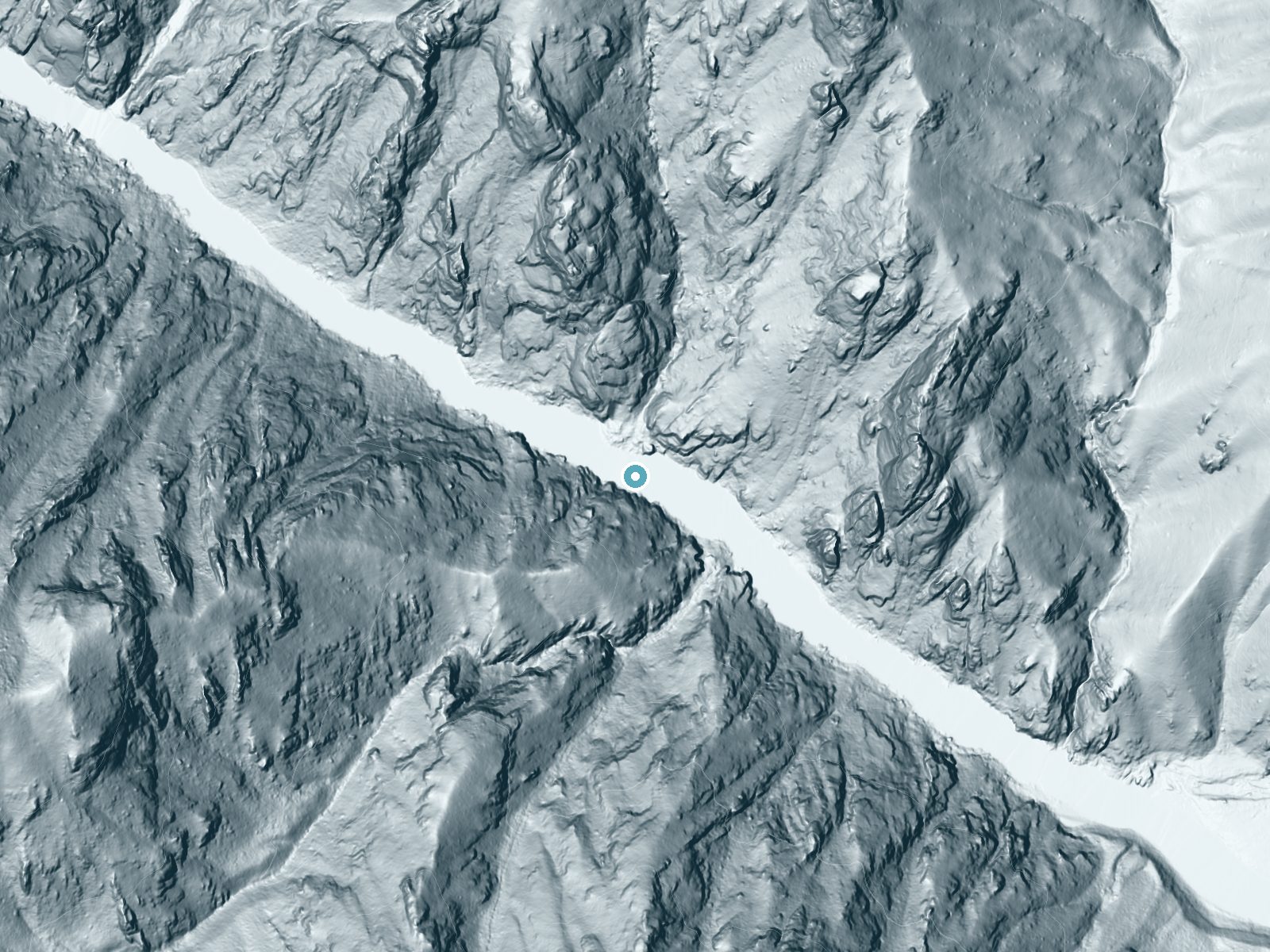 LiDAR bare-earth terrain around Salmon Falls near Elk City, Idaho, showing about 242 feet of drop, a single sheer drop, facing north
