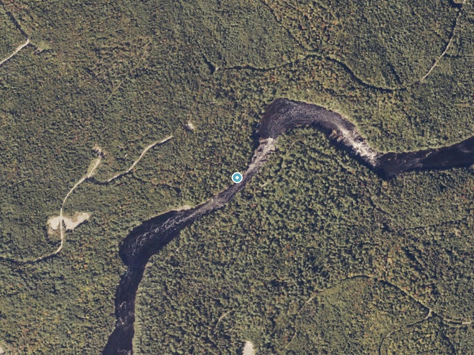Aerial photo of the same ground around Gordon Falls near Mattawamkeag, Maine, for comparison with the lidar view