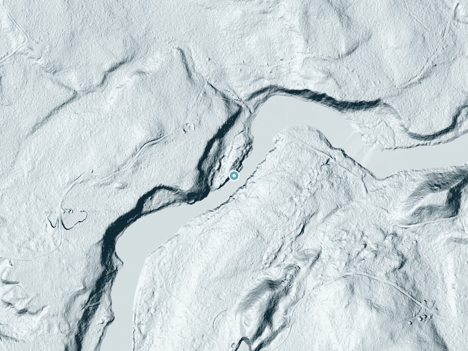 LiDAR bare-earth terrain around Gordon Falls near Mattawamkeag, Maine, showing about 30 feet of drop