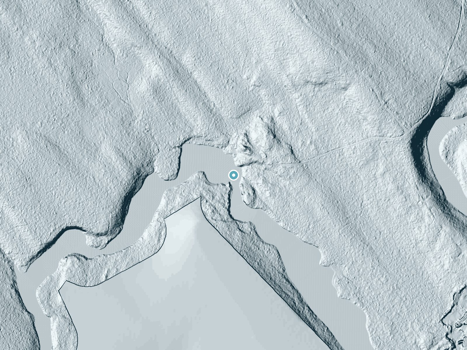 LiDAR bare-earth terrain around Little Falls near Vanceboro, Maine, showing about 19 feet of drop, a long cascade, facing west