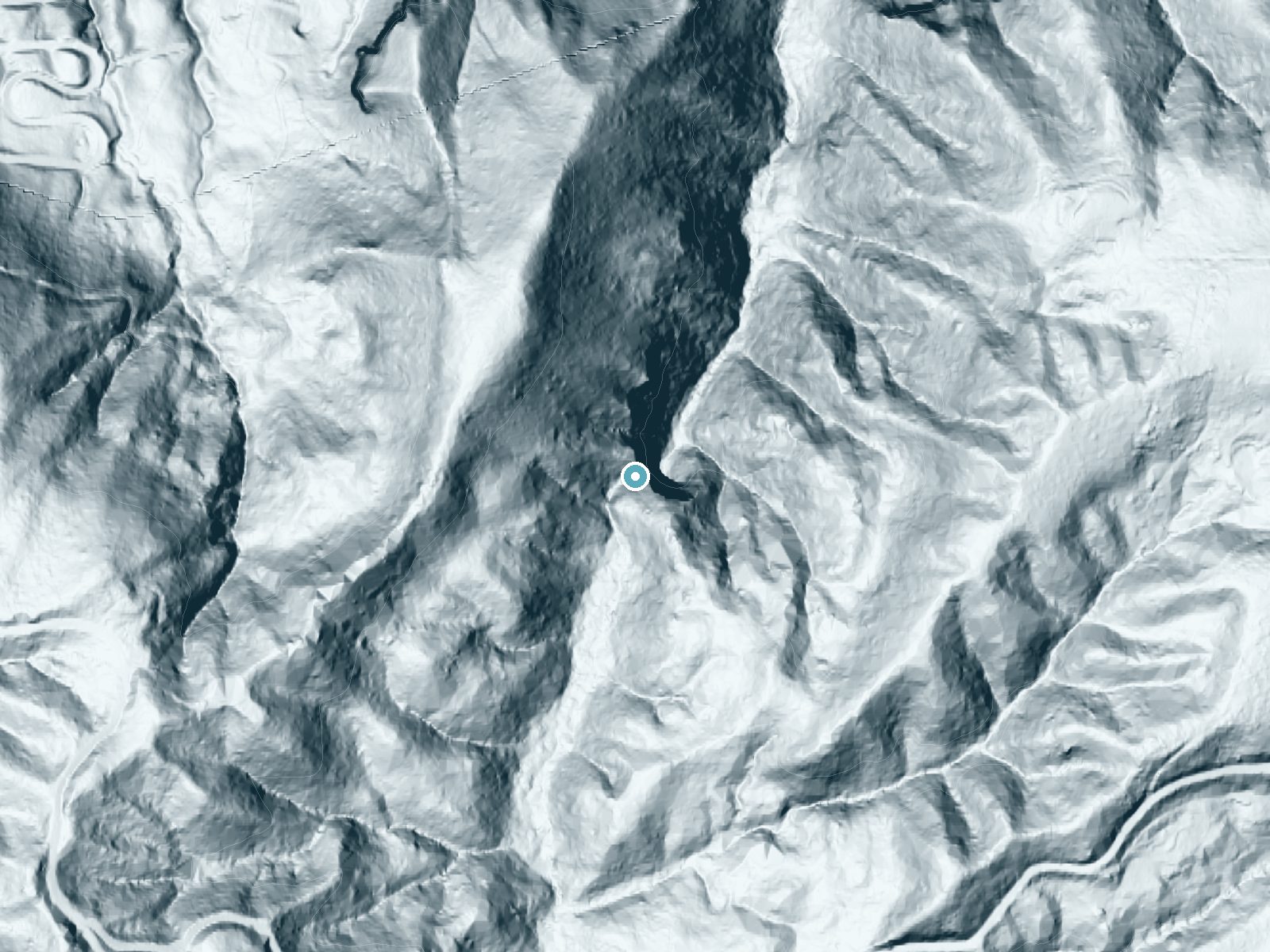 LiDAR bare-earth terrain around Upper Latourell Falls near Troutdale, Oregon, showing about 291 feet of drop, a steep tiered drop, facing northeast
