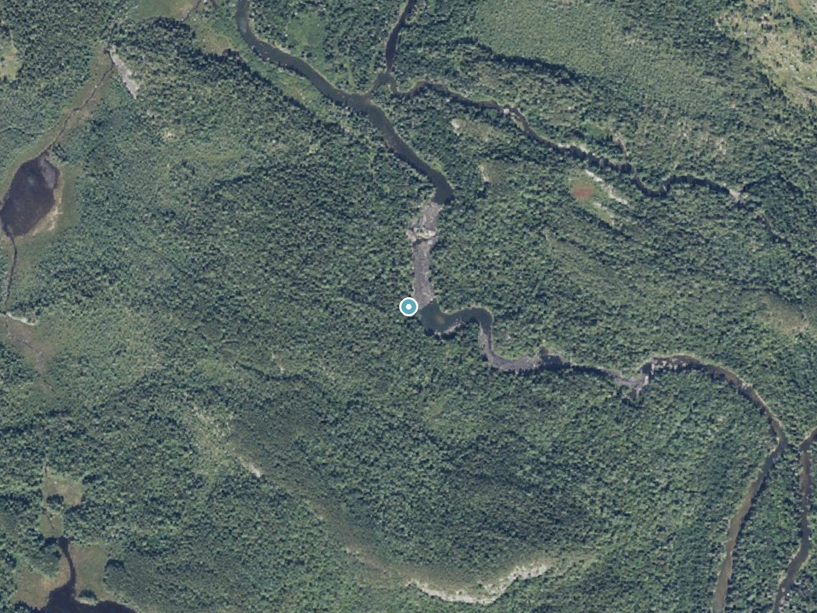 Aerial photo of the same ground around Holeb Falls near Kingfield, Maine, for comparison with the lidar view