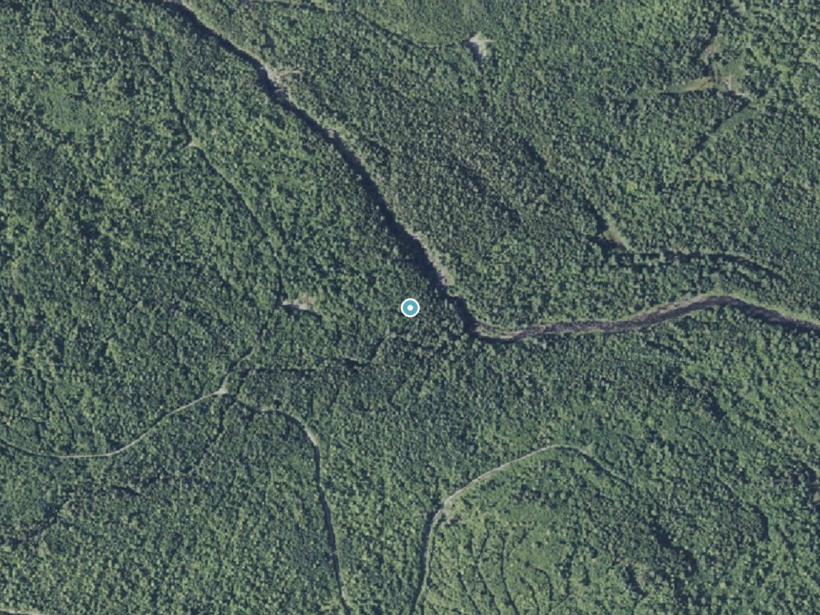 Aerial photo of the same ground around Mud Gauntlet Falls near Brownville Junction, Maine, for comparison with the lidar view