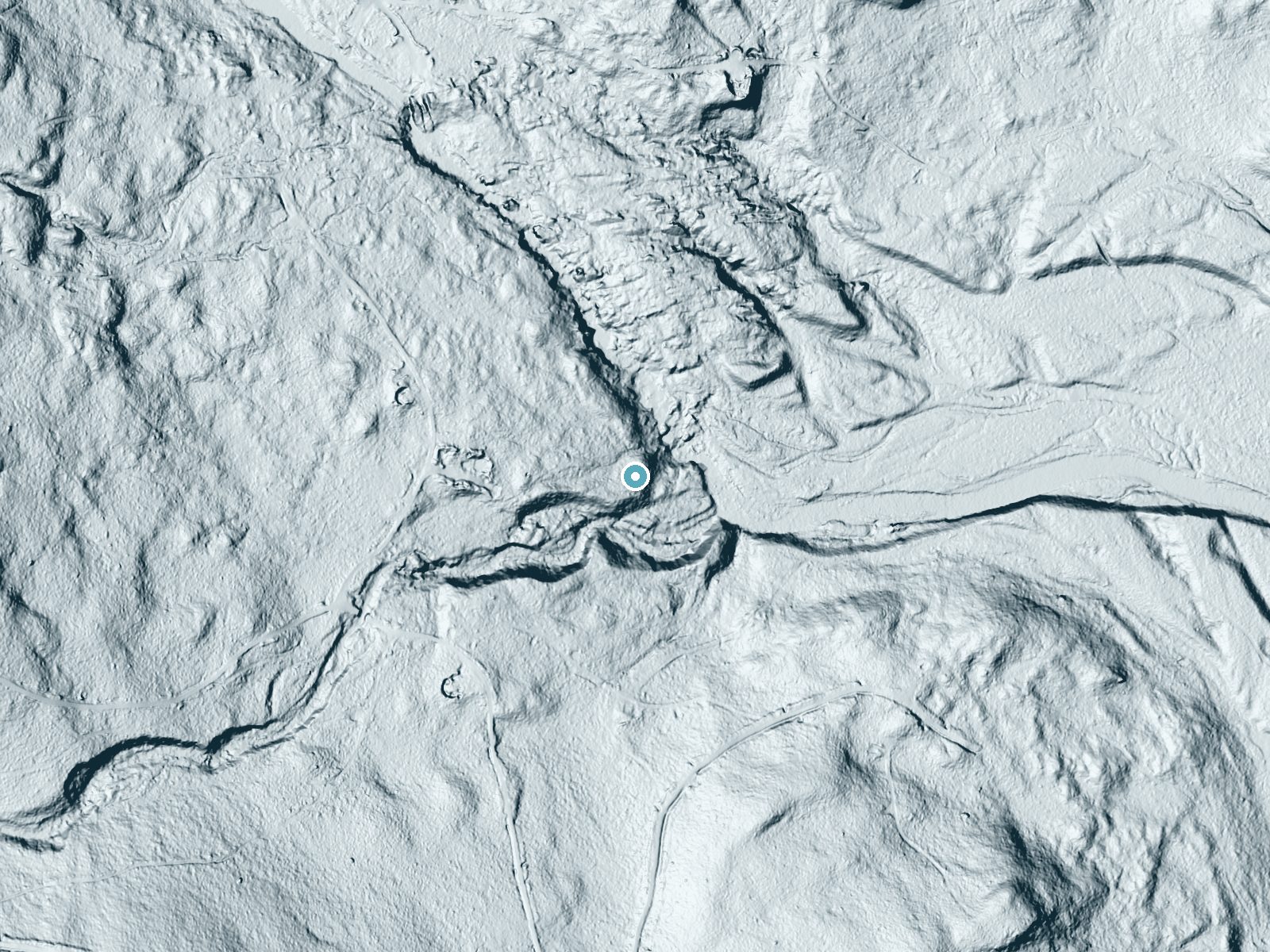 LiDAR bare-earth terrain around Mud Gauntlet Falls near Brownville Junction, Maine, showing about 70 feet of drop, a long cascade, facing east