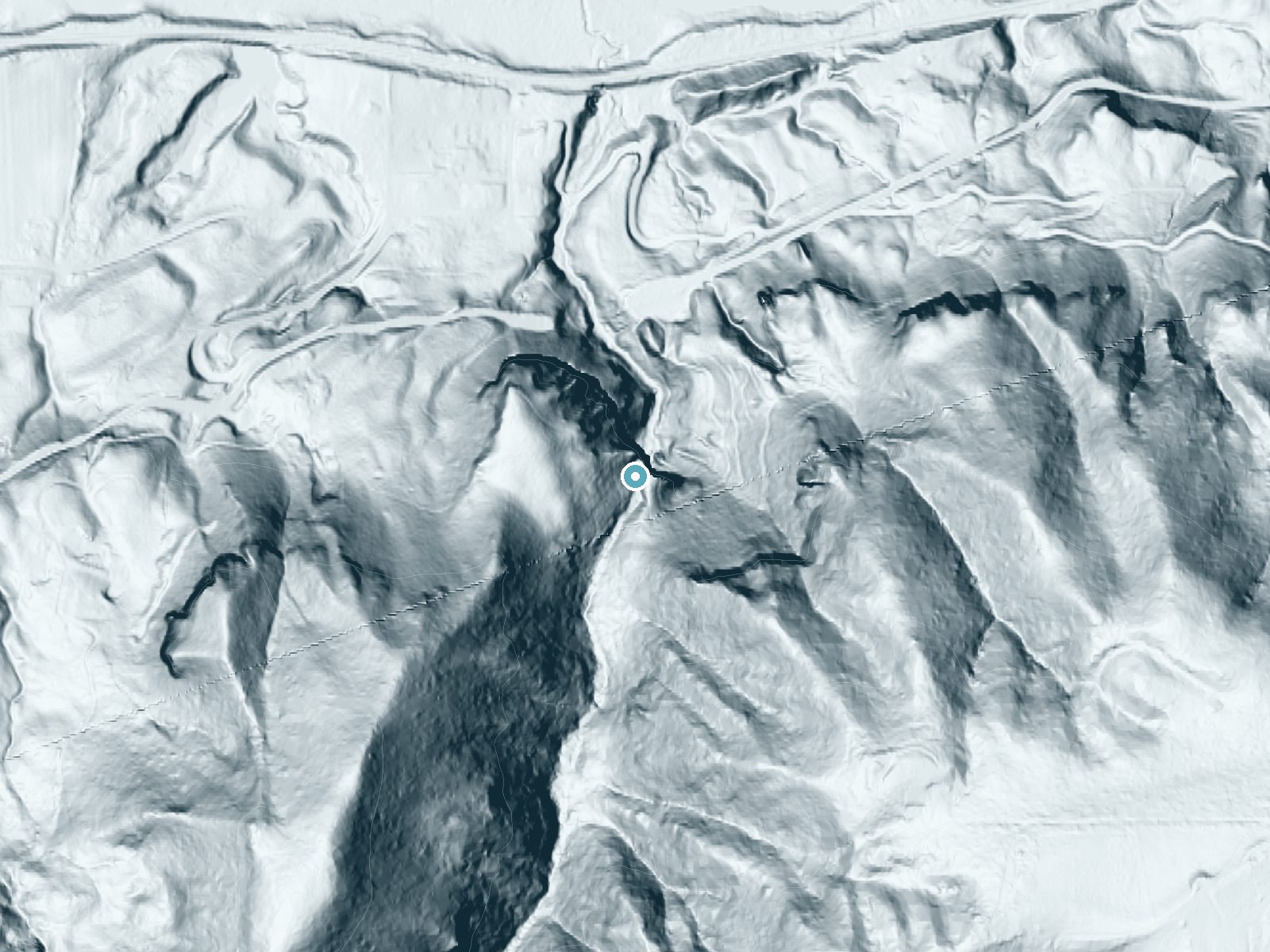 LiDAR bare-earth terrain around Latourell Falls near Troutdale, Oregon, showing about 349 feet of drop, a single sheer drop, facing northeast