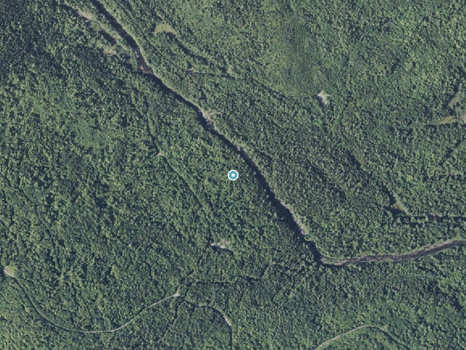 Aerial photo of the same ground around Gauntlet Falls near Brownville Junction, Maine, for comparison with the lidar view