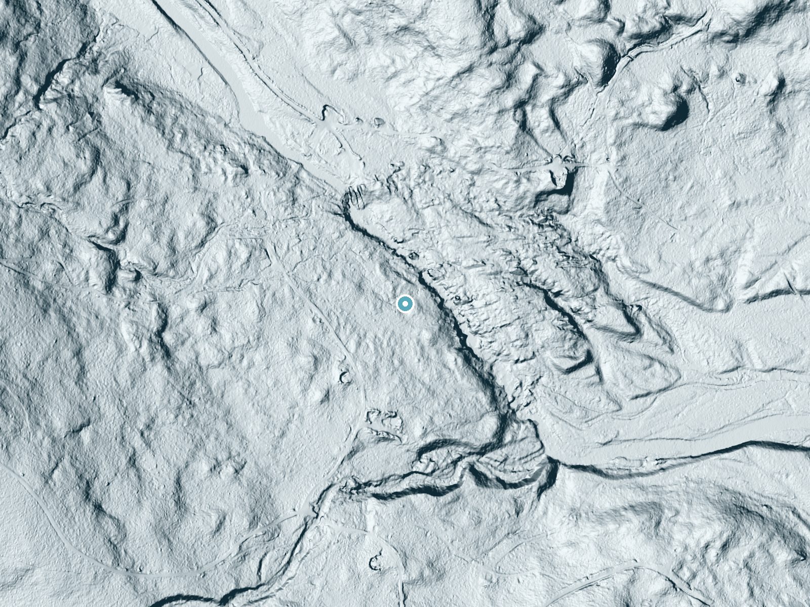 LiDAR bare-earth terrain around Gauntlet Falls near Brownville Junction, Maine, showing about 54 feet of drop, a long cascade, facing northeast