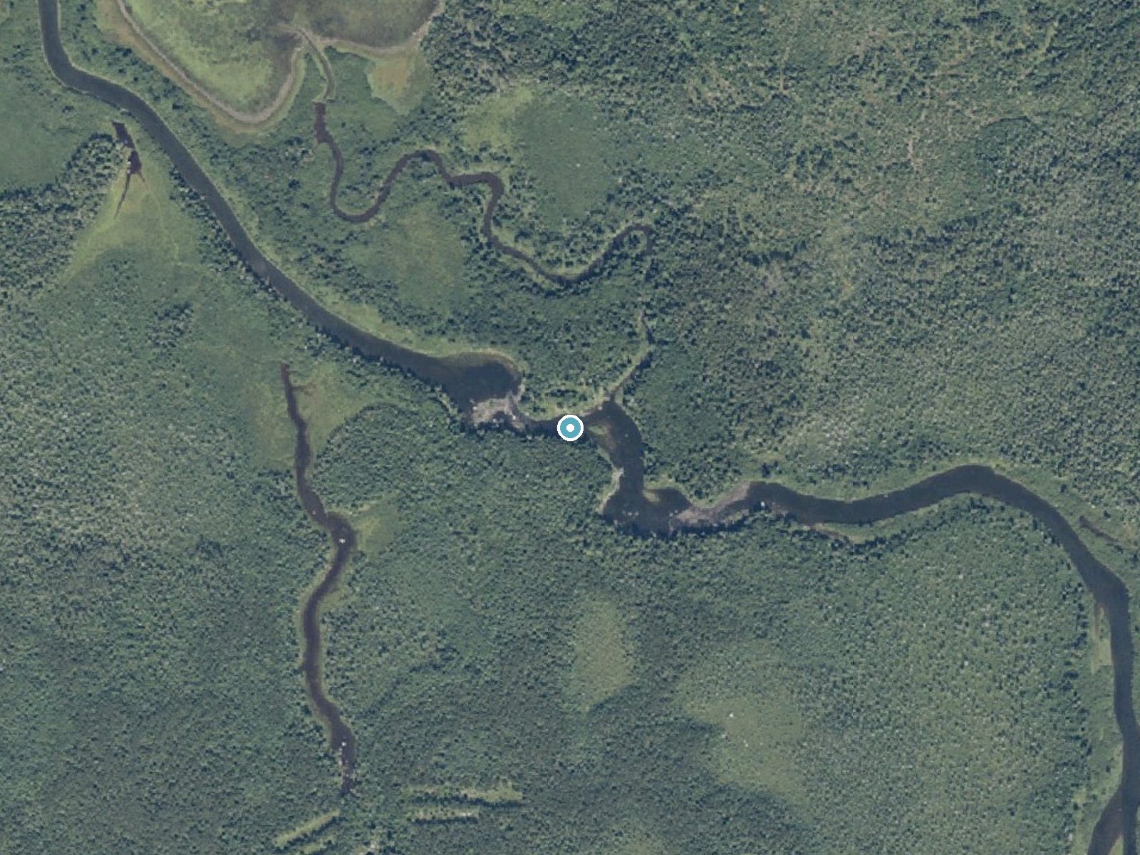 Aerial photo of the same ground around Attean Falls near Kingfield, Maine, for comparison with the lidar view