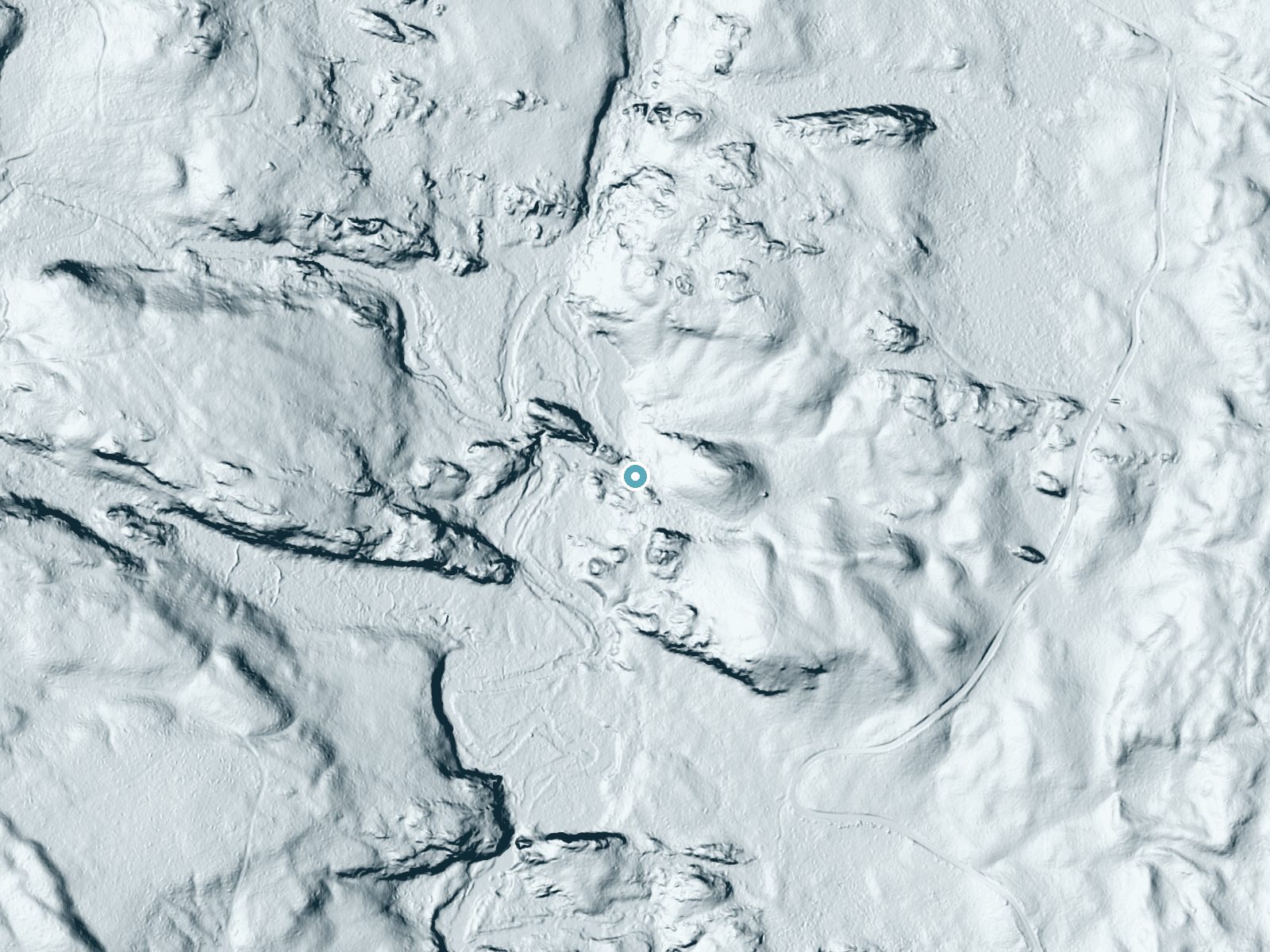 LiDAR bare-earth terrain around Horseshoe Falls near Dunbar, Wisconsin, showing about 56 feet of drop, a long cascade, facing west