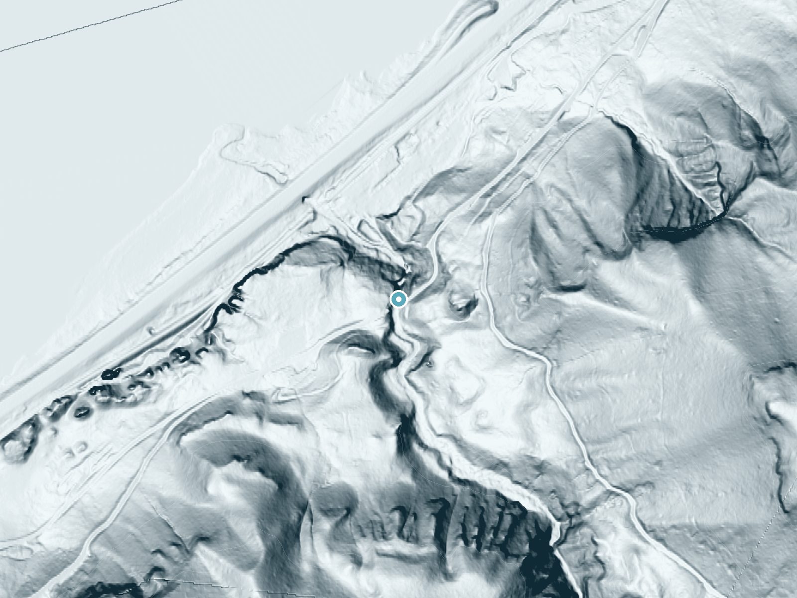 LiDAR bare-earth terrain around Bridal Veil Falls near Washougal, Oregon, showing about 237 feet of drop, a steep tiered drop, facing northwest